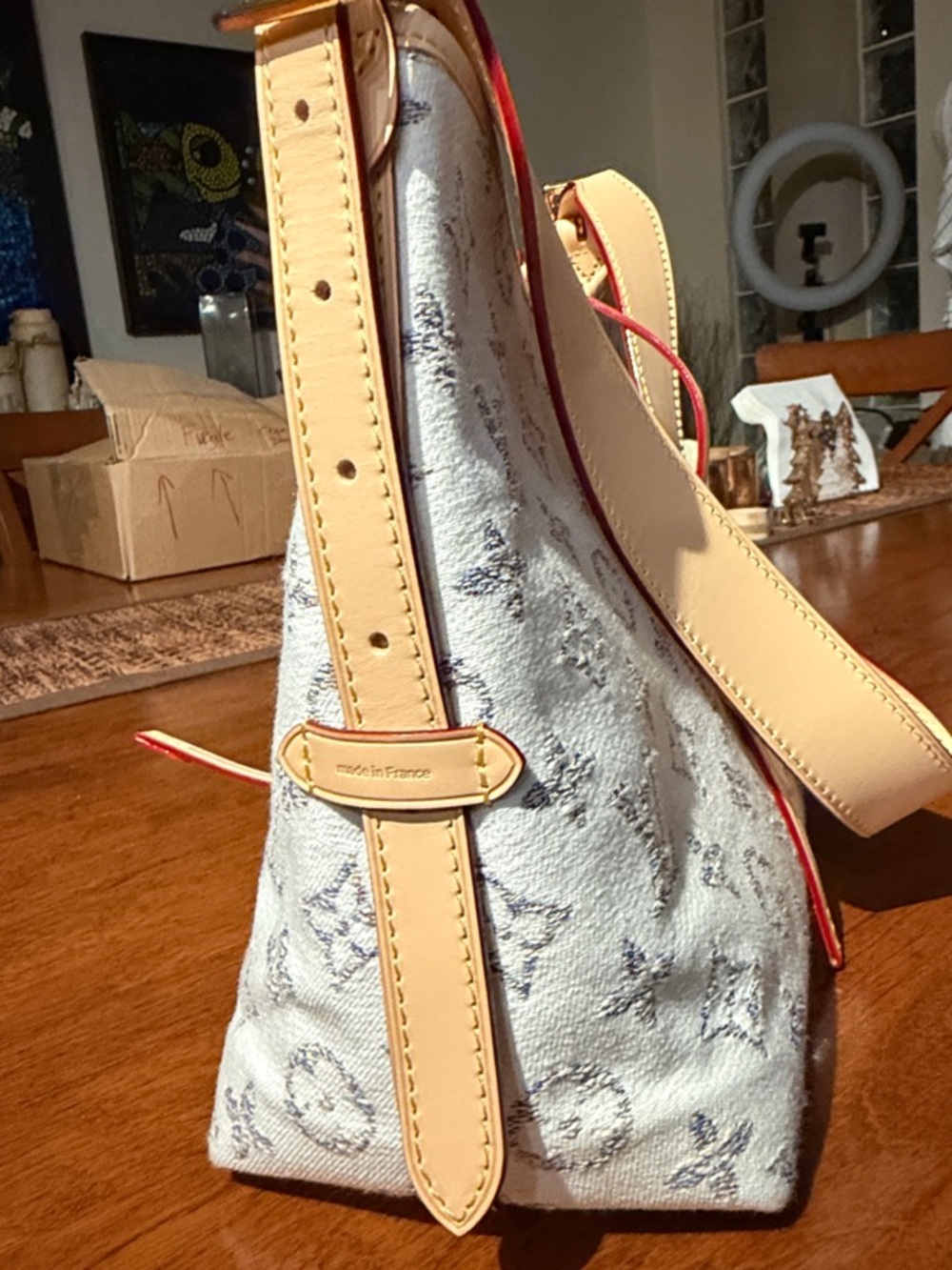 LV White Monogram Denim Shoulder Bag with Tan Trim - Picture 2 of 3